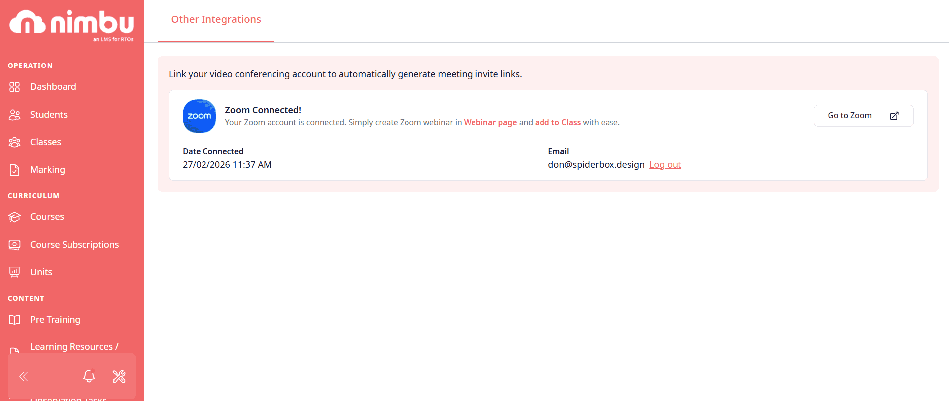 Nimbu Other Integrations - Zoom Connected